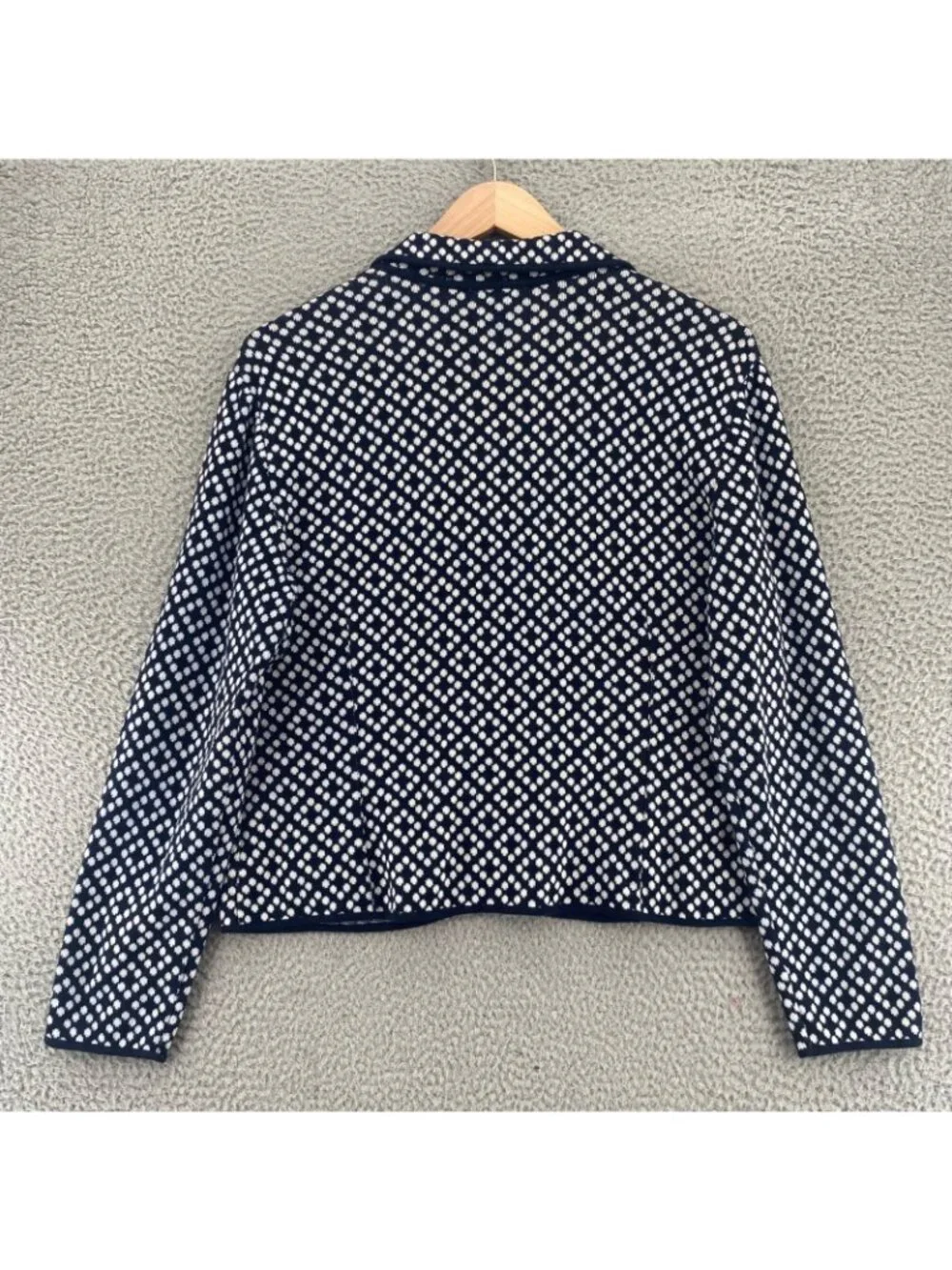 Talbots Blazer Women Extra Large VTG Navy Polka Dot Cotton Knit Cloverleaf Lapel